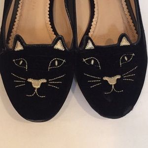 Charlotte Olympia Black Velvet Kitty Flats